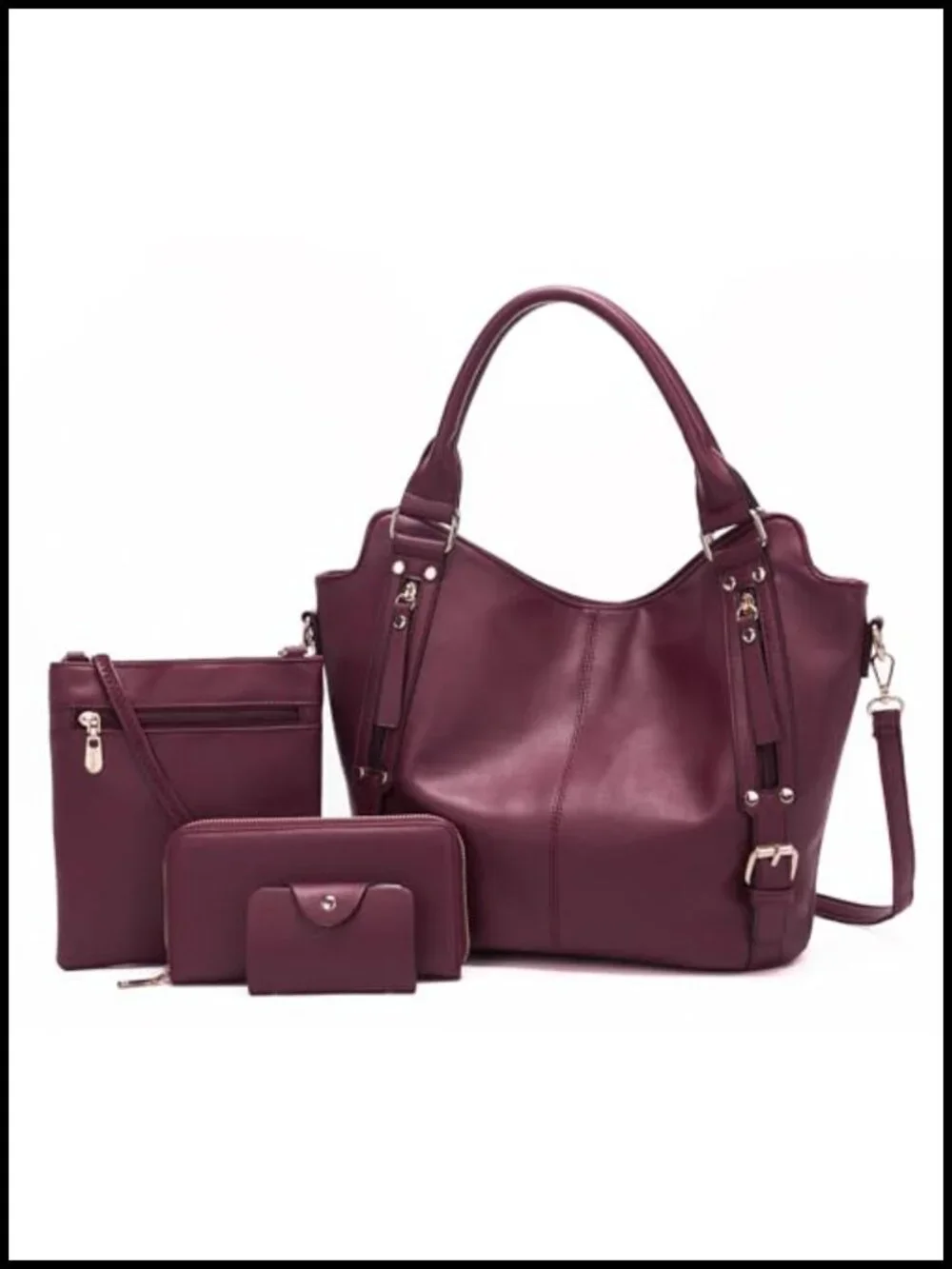 Large Hobo Crossbody Handbag Set 4pcs Soft PU Leather Detachable Strap 9 Pockets